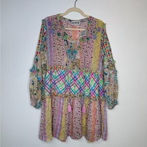 BAROK X ANTHROPOLGIE 100% Cotton Patchwork Beaded Mini Dress Easter Colors Small